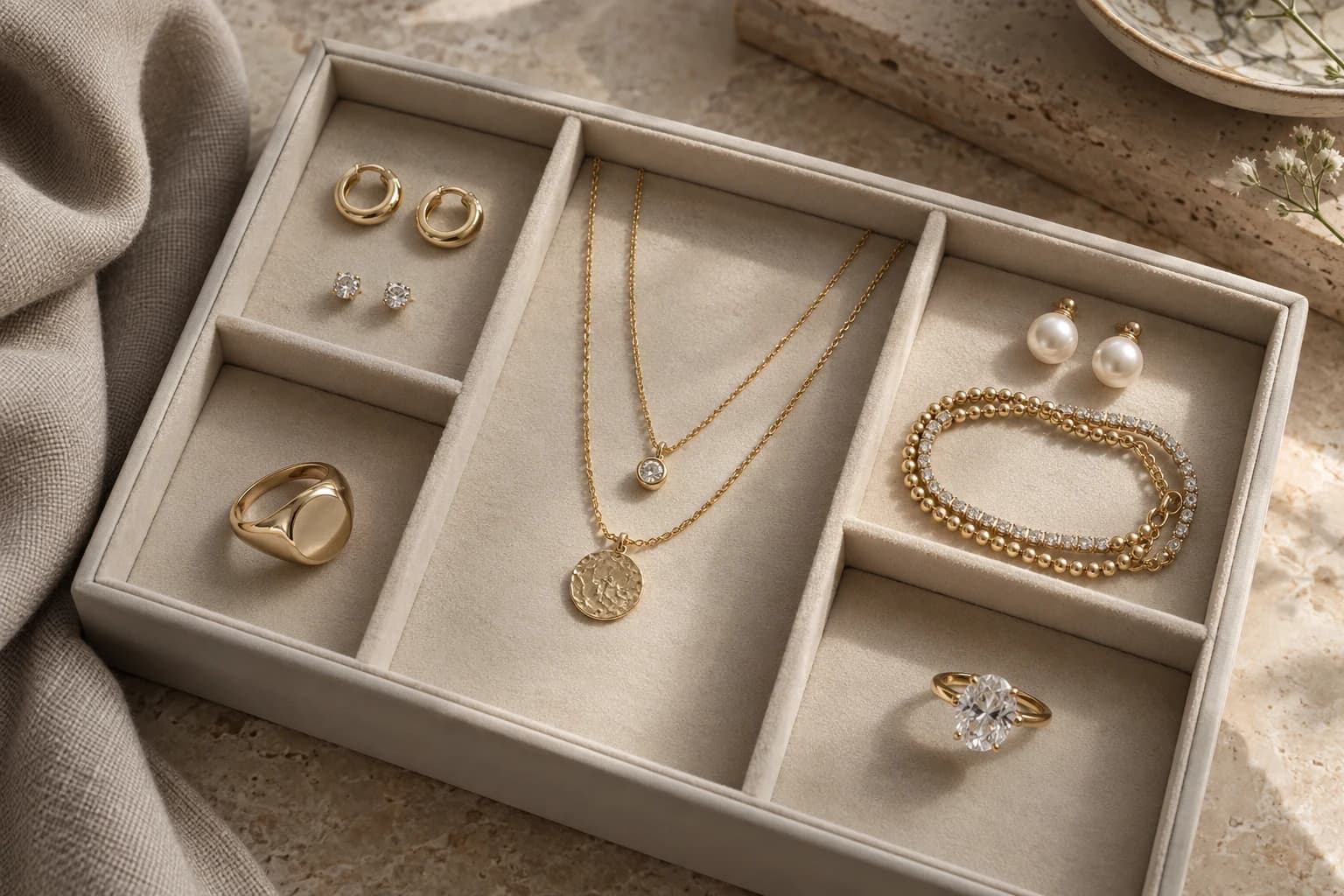 A considered jewelry wardrobe with earrings, necklaces, rings, bracelets, pearls and a brilliant stone arranged in a cream tray.