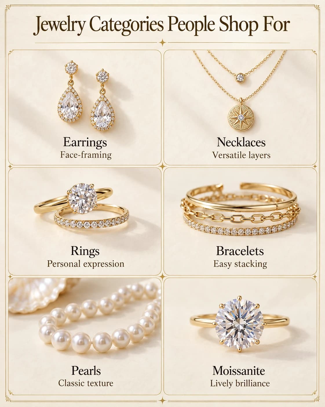 Jewelry categories people shop for: earrings, necklaces, rings, bracelets, pearls and moissanite.