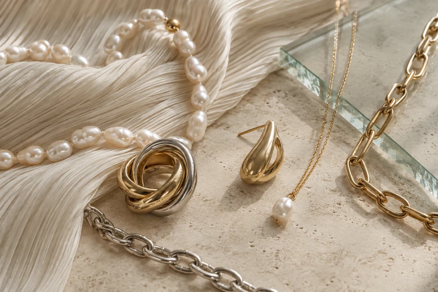 Pearls, mixed-metal rings, sculptural earrings and varied chains styled with pleated ivory fabric and glass.