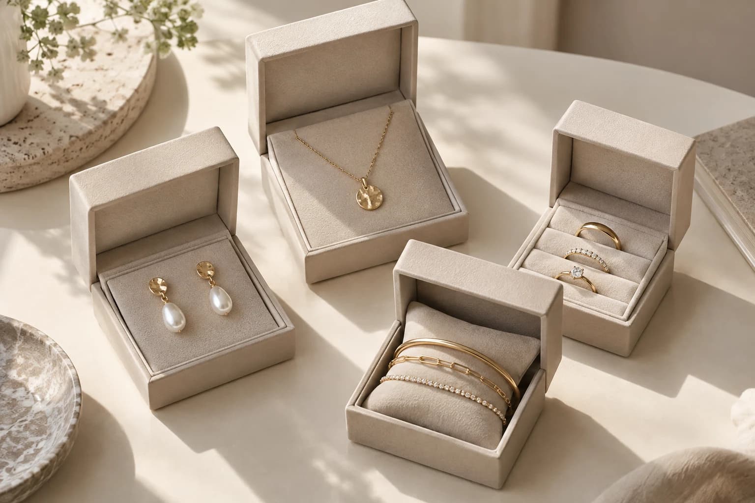 Earrings, a necklace, rings and bracelets presented in separate cream jewelry boxes as equally personal choices.