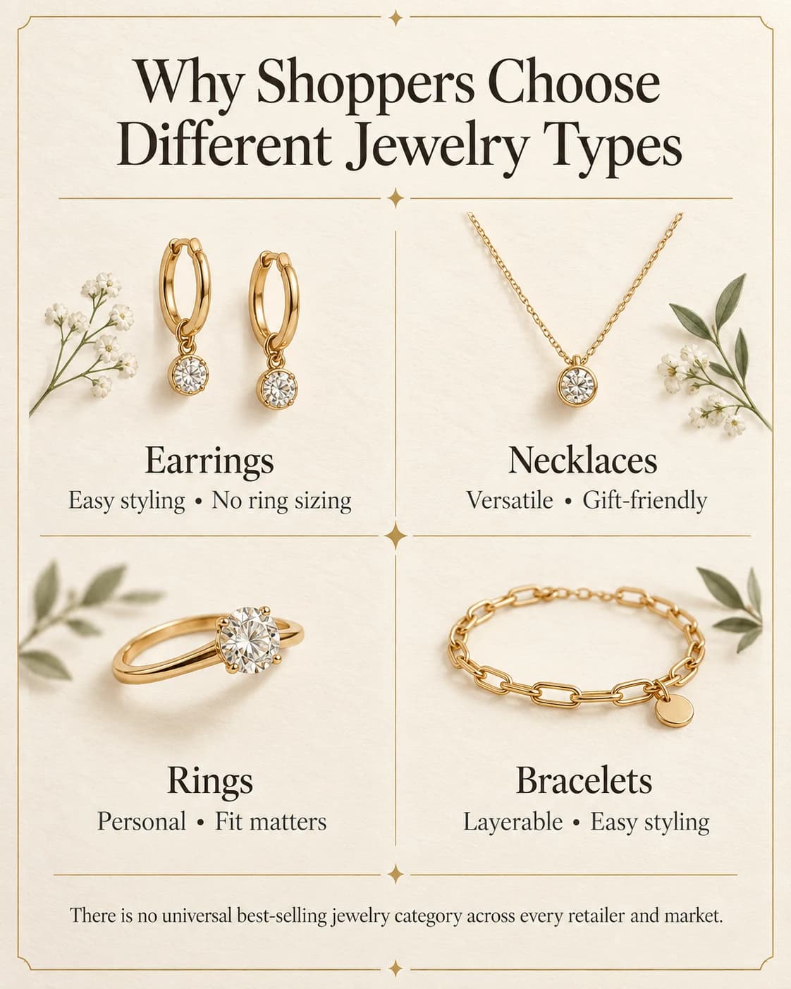 Reasons shoppers choose earrings, necklaces, rings and bracelets, with a note that no category is universally best-selling.