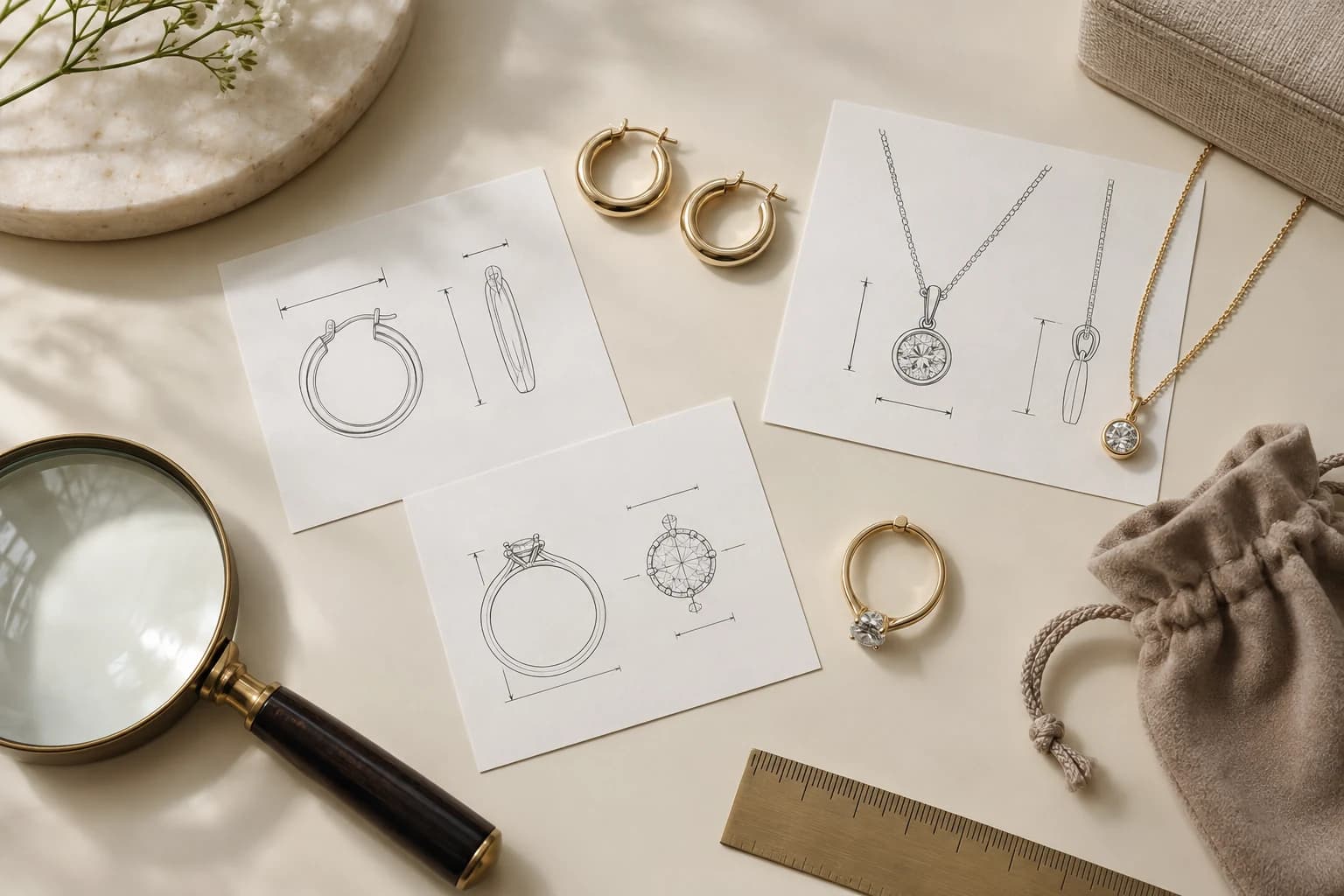 Jewelry, product notes and a laptop arranged for thoughtful online jewelry shopping.