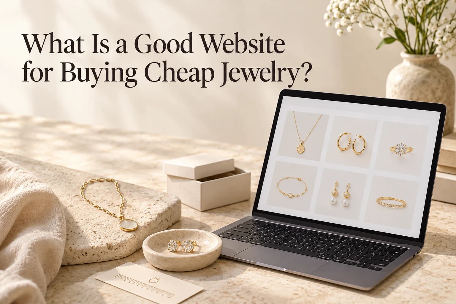 Affordable jewelry shopping guide displayed beside refined jewelry and a laptop in a warm editorial setting.