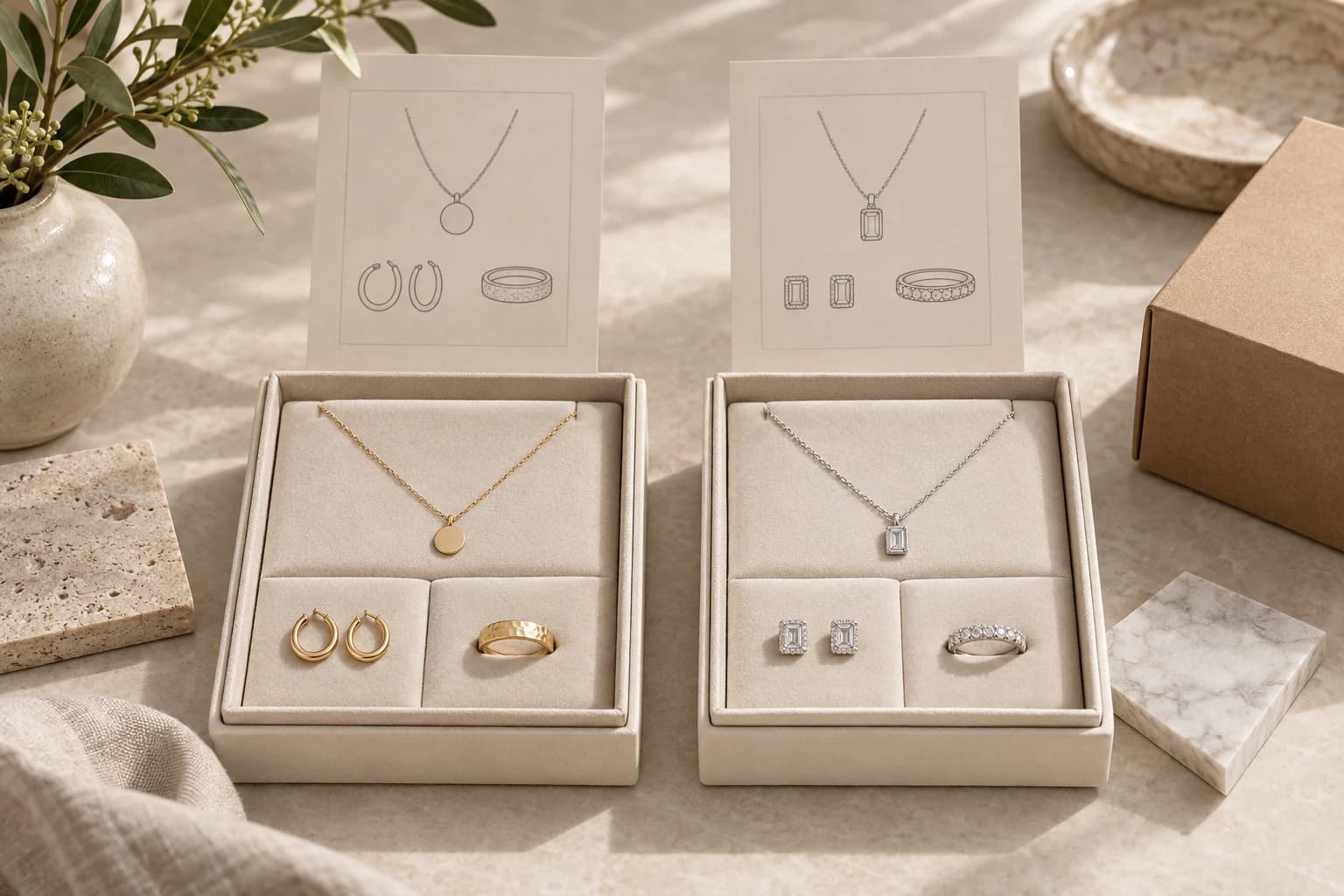 Two distinct jewelry options arranged side by side to illustrate thoughtful comparison without implying a winner.