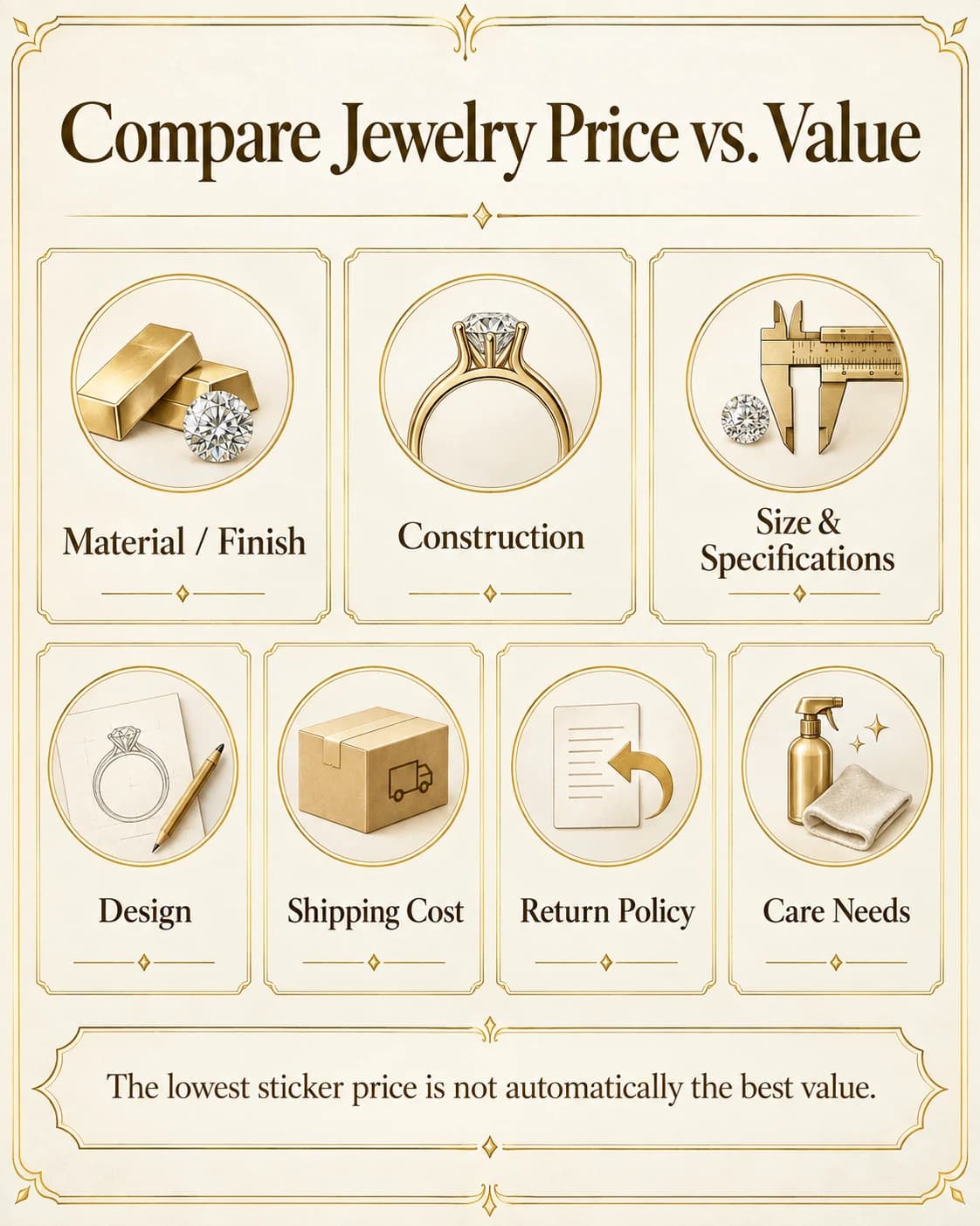 Jewelry price and value comparison guide covering material, construction, specifications, design, shipping, returns and care.