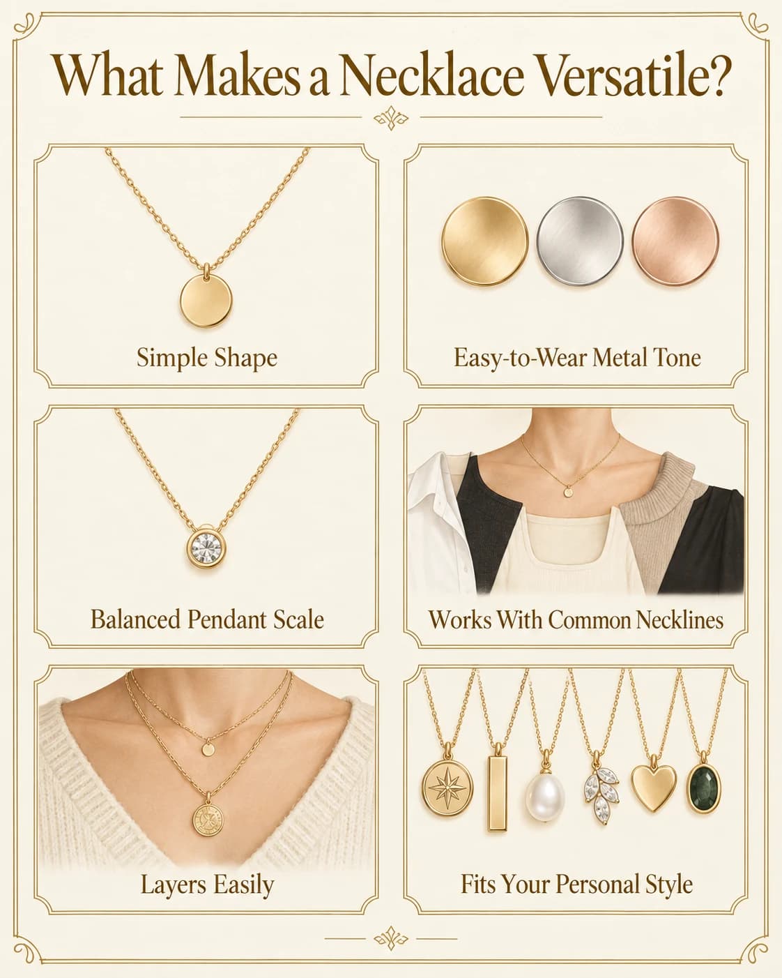 Six considerations for a versatile necklace: shape, metal tone, pendant scale, necklines, layering and personal style.