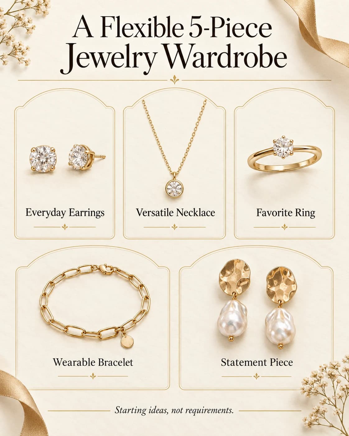 A flexible five-piece jewelry wardrobe with everyday earrings, versatile necklace, favorite ring, wearable bracelet and statement piece.