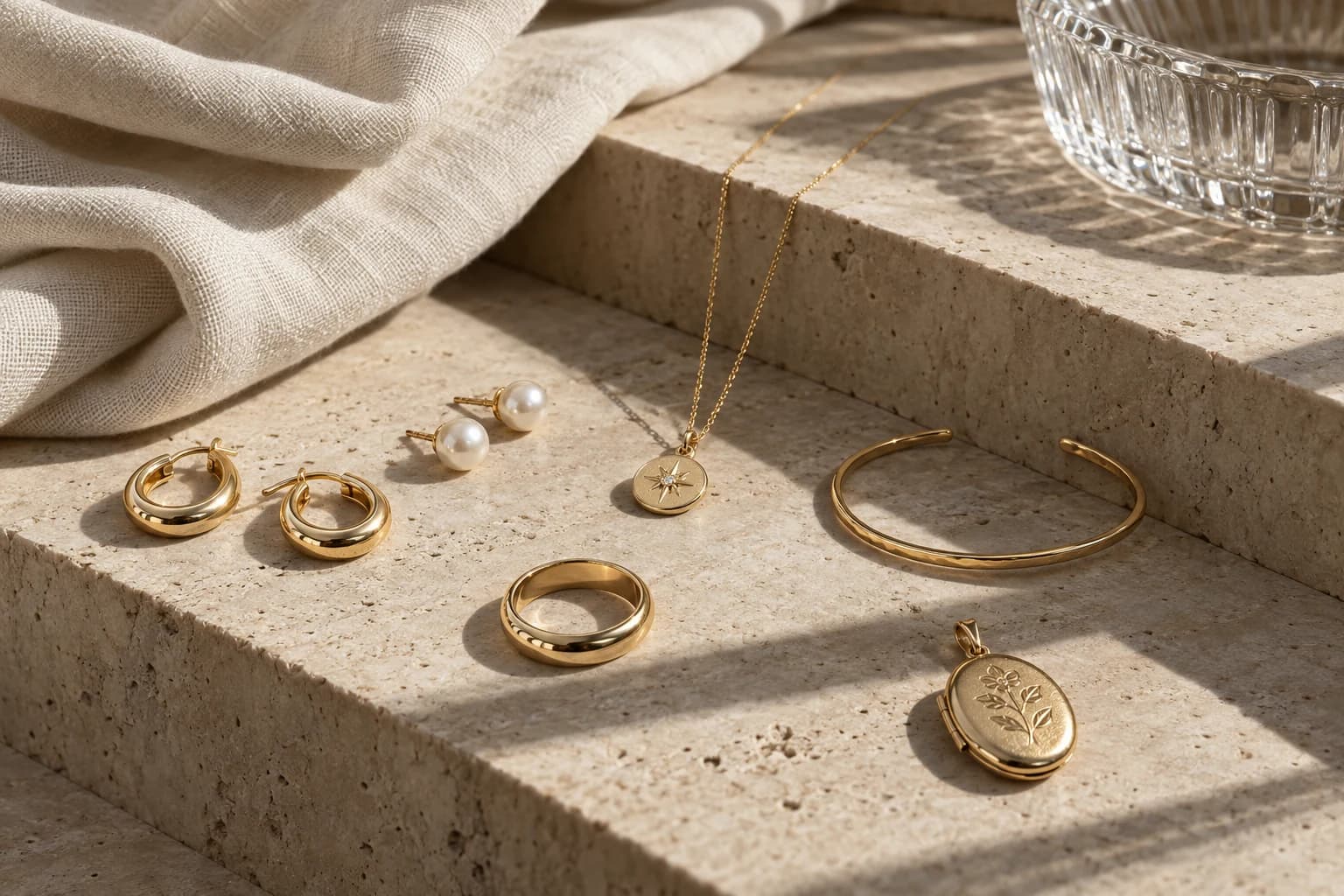 Classic and modern jewelry arranged together on architectural travertine in warm natural light.