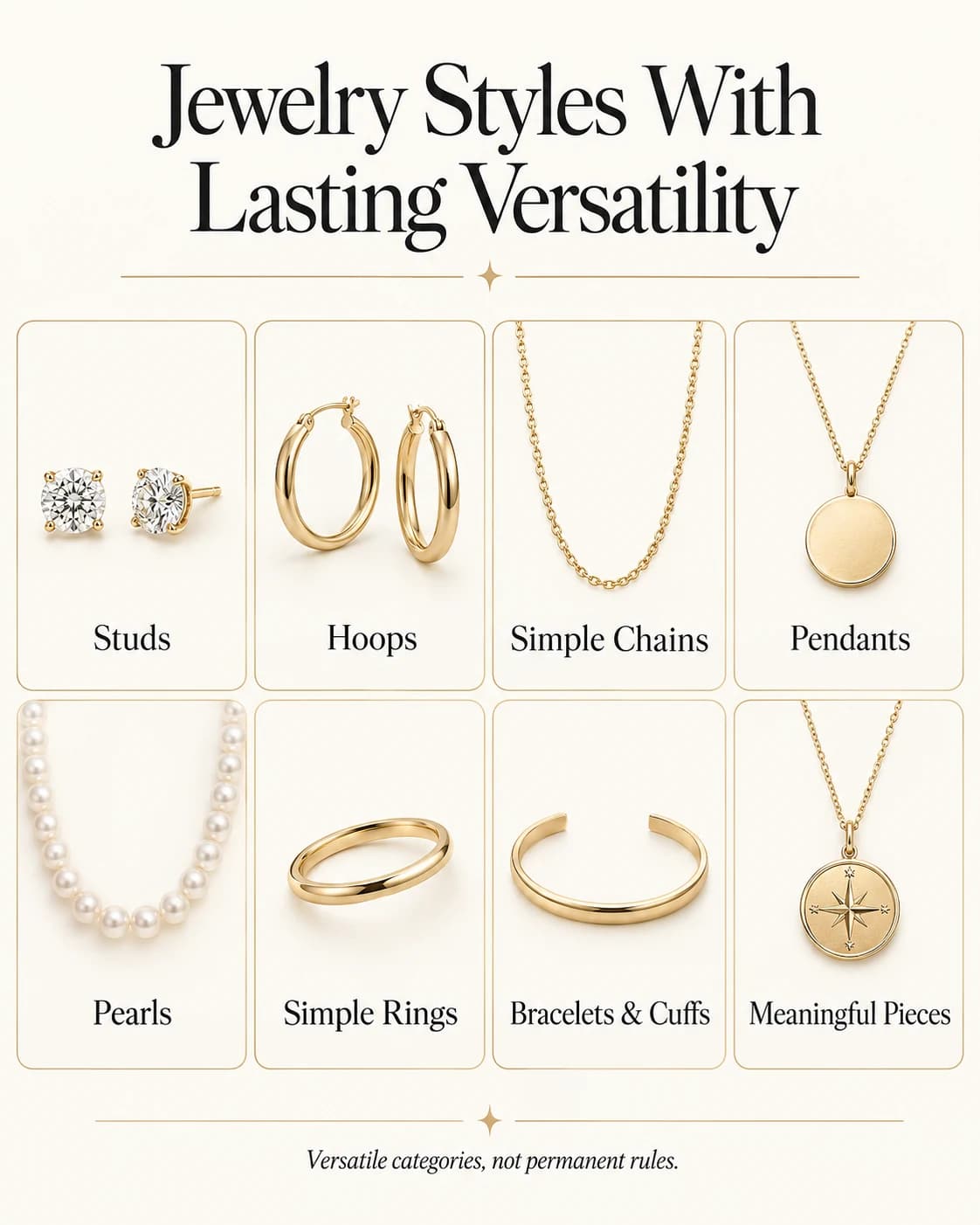 Eight jewelry categories with lasting versatility, including studs, hoops, chains, pendants, pearls, rings, cuffs and meaningful pieces.