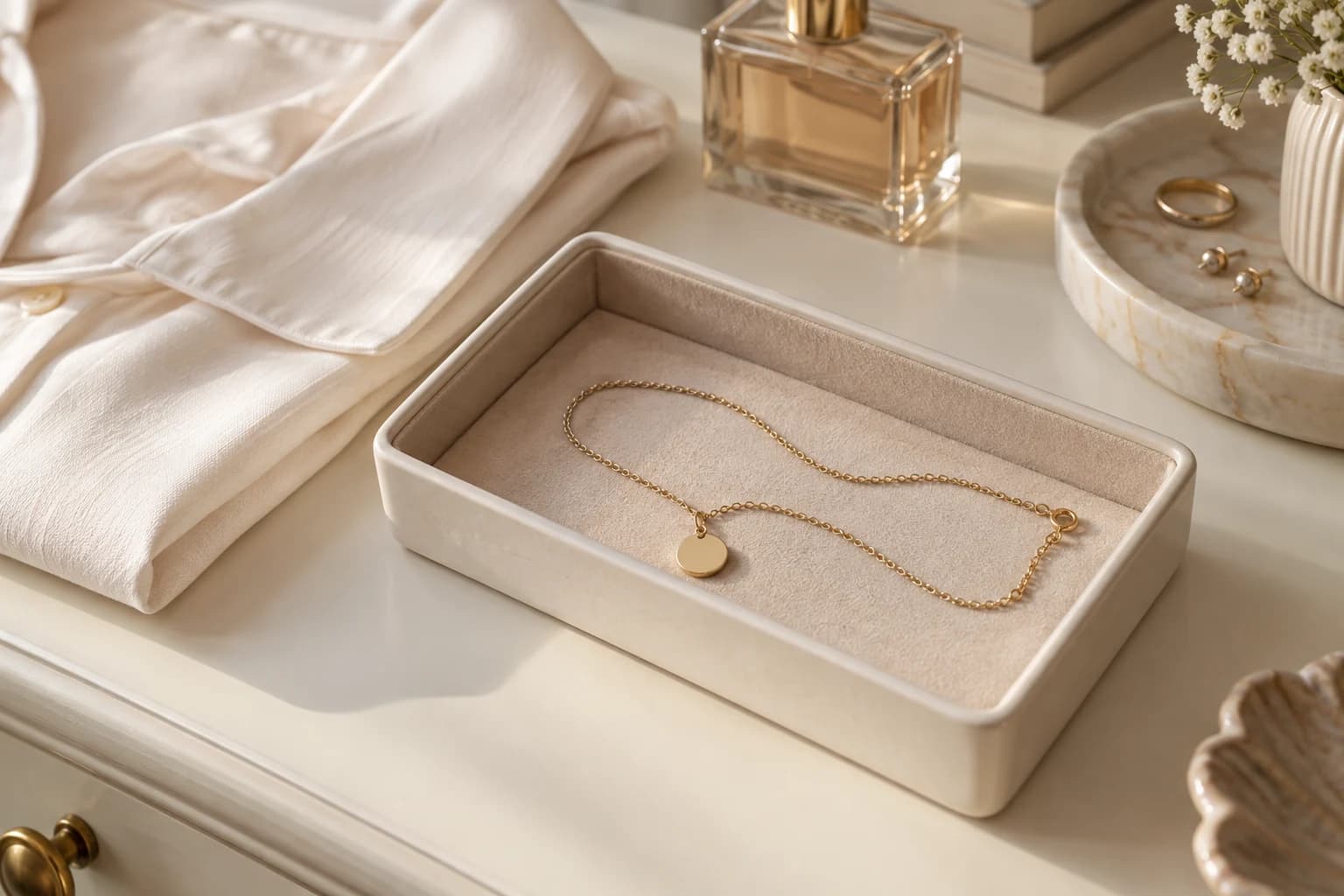 An understated pendant necklace stored carefully in a lined tray as part of a calm dressing routine.
