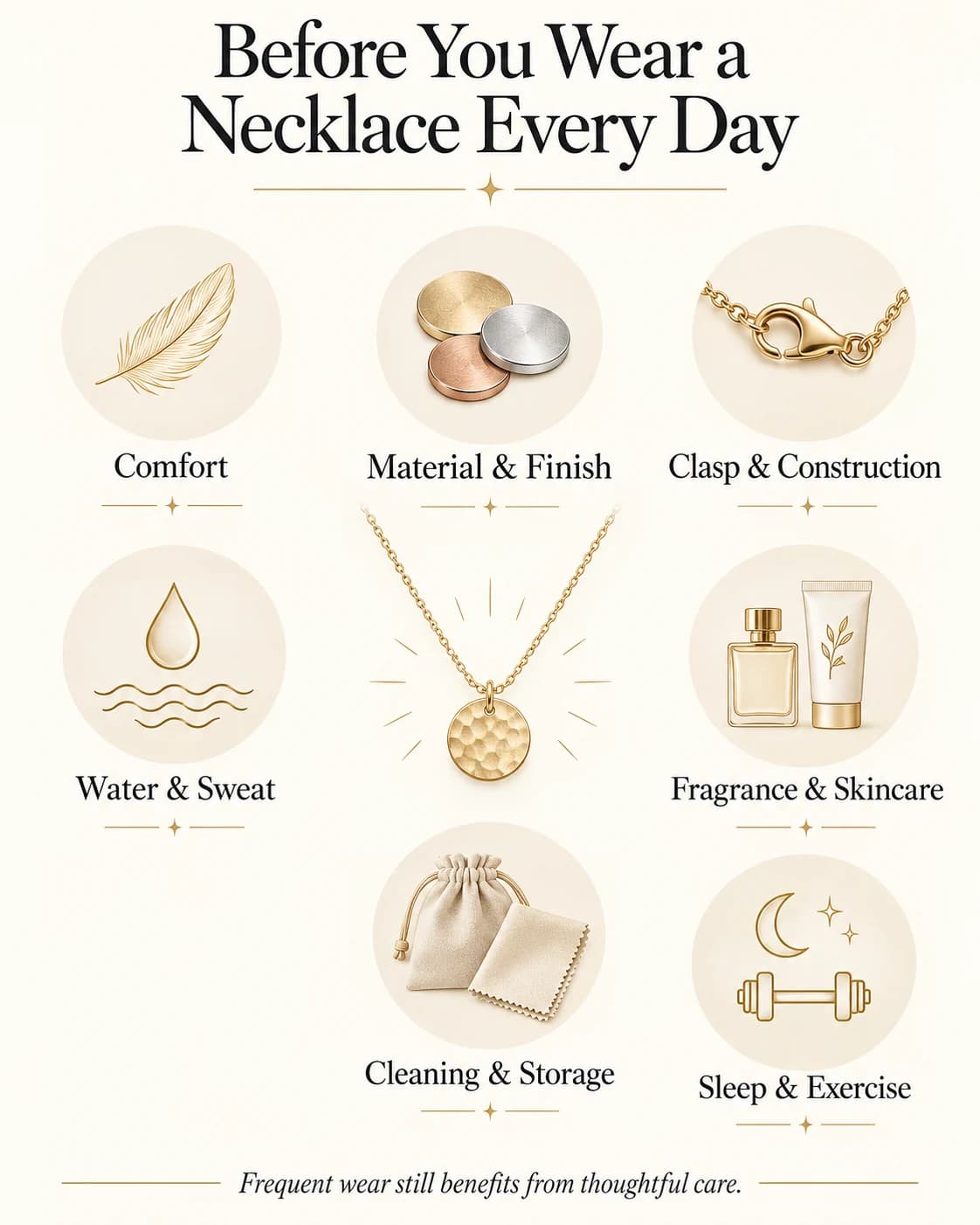 Everyday necklace considerations covering comfort, material, clasp, water, fragrance, sleep, exercise, cleaning and storage.