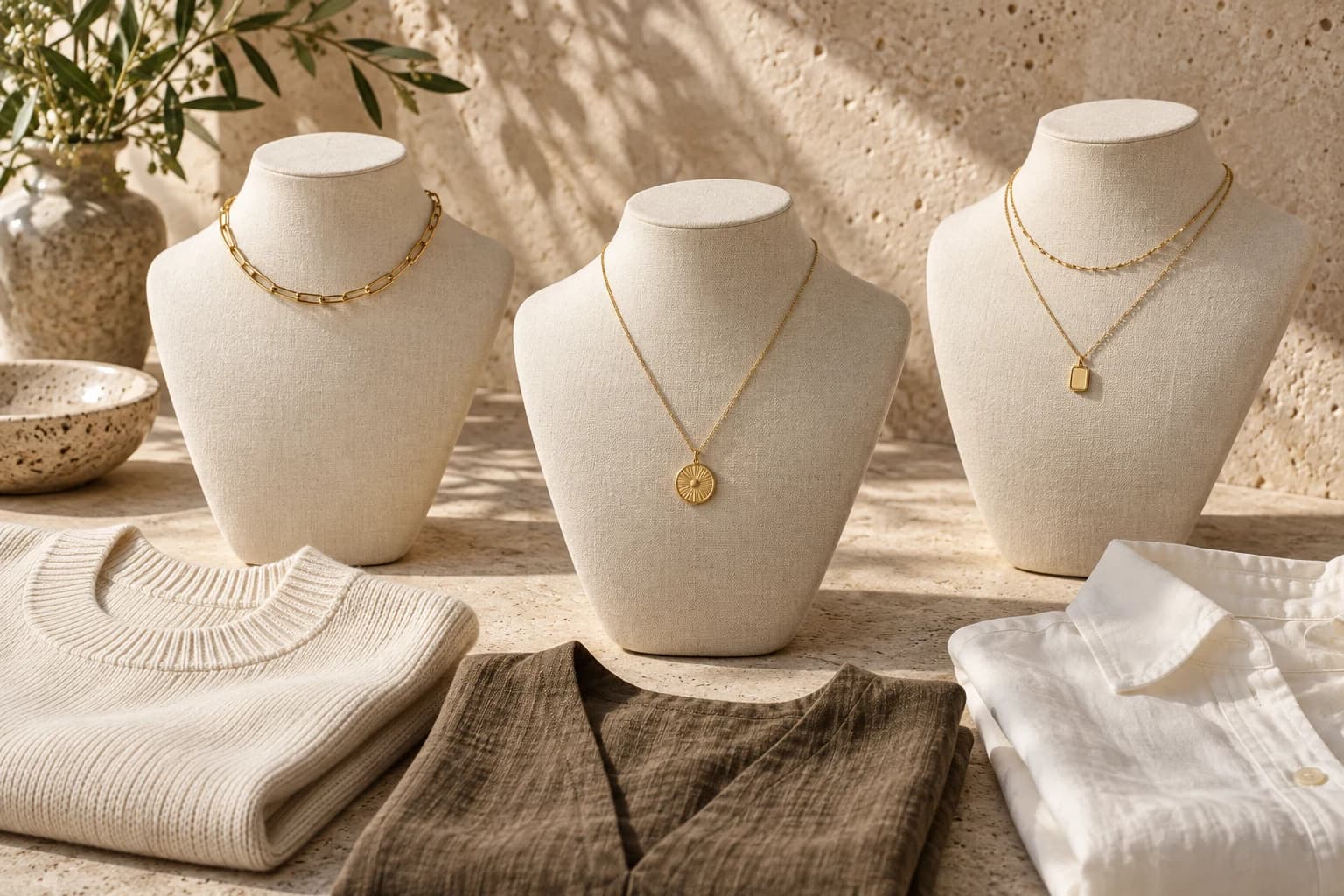 Short, mid-length and layered necklaces styled with several everyday necklines on warm limestone.