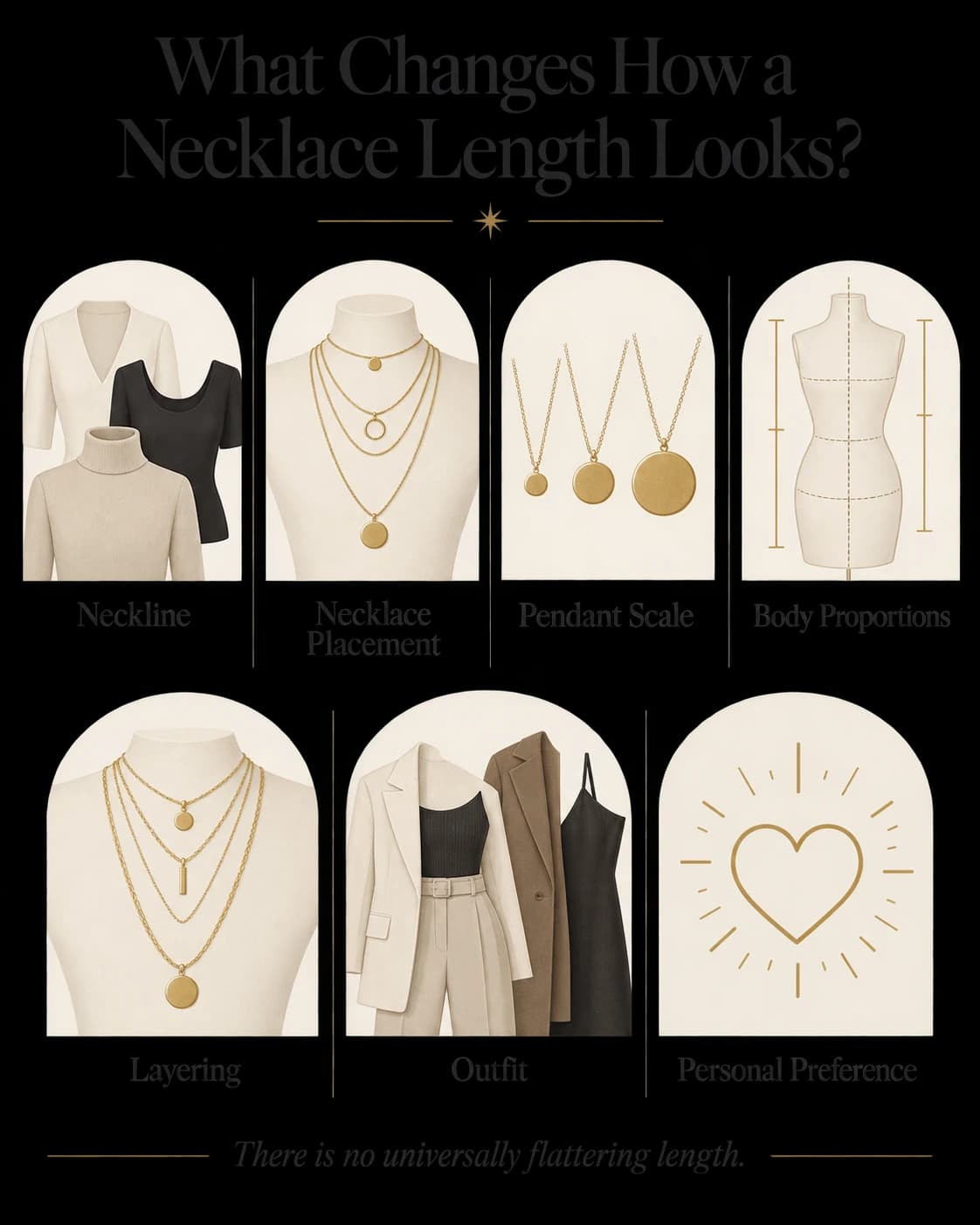 Seven factors that change how necklace length looks, including neckline, placement, scale, proportions, layering, outfit and preference.