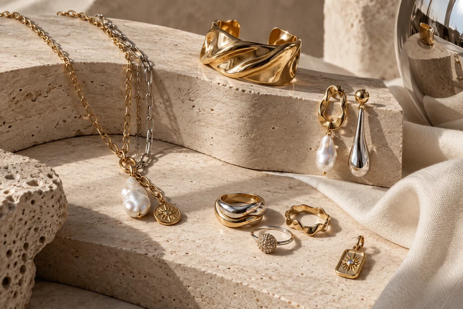 Layered chains, irregular pearls, mixed-metal rings, sculptural jewelry and meaningful charms arranged together.