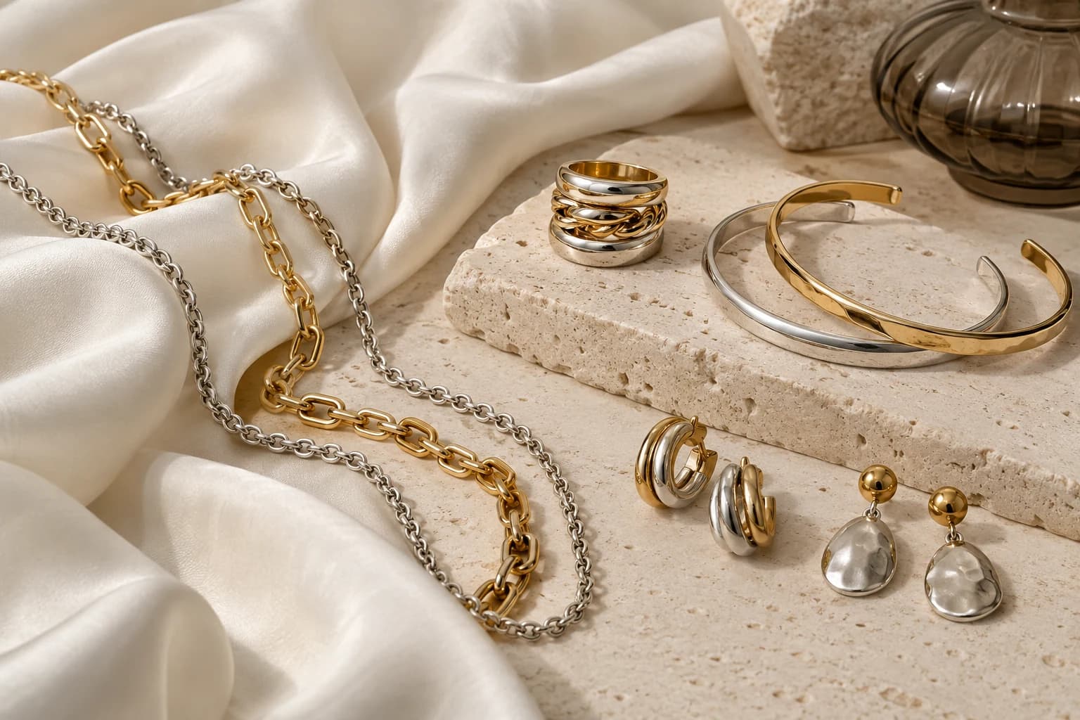 Gold-tone and silver-tone chains, rings, cuffs and earrings combined in a balanced mixed-metal composition.