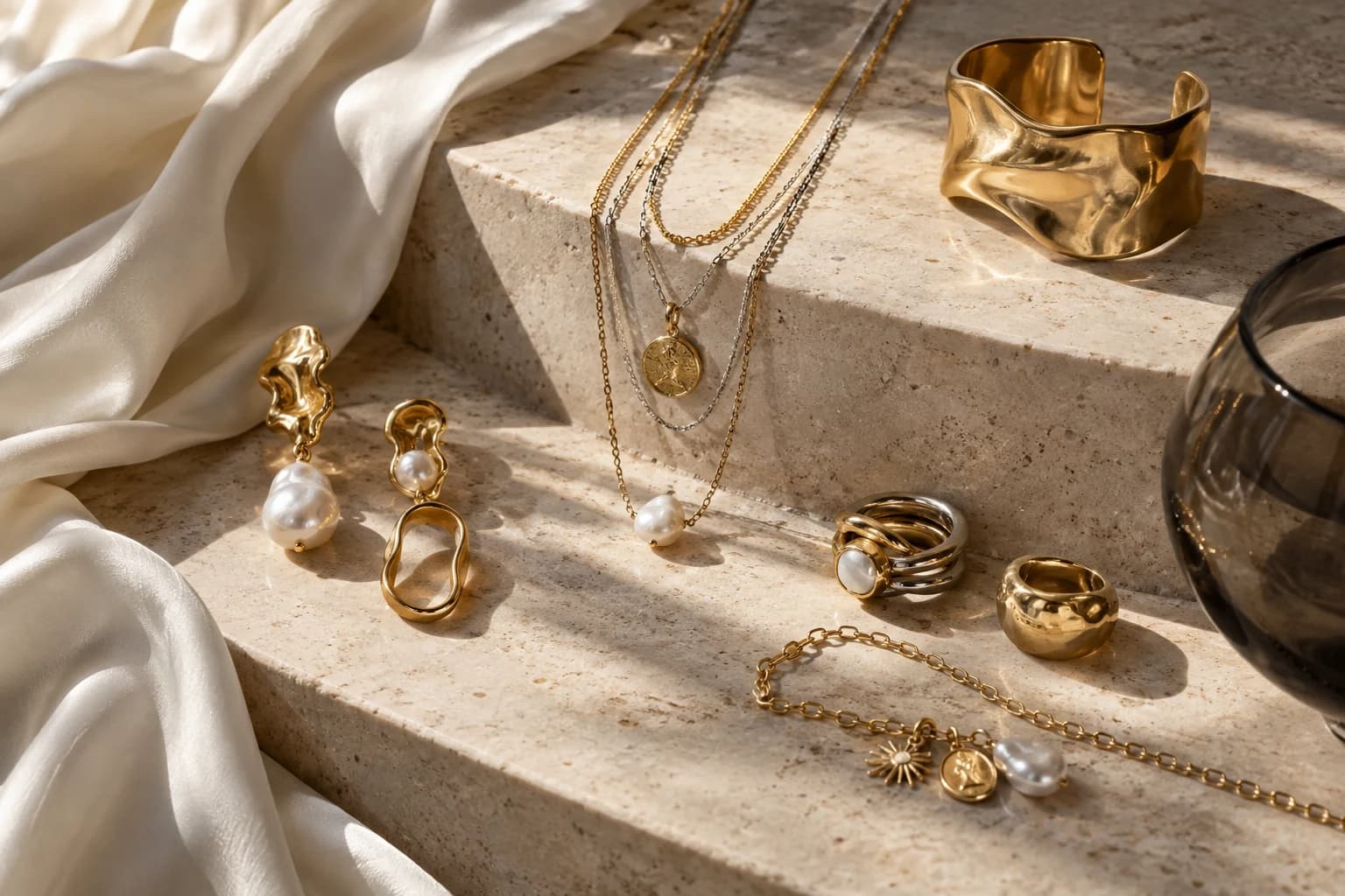 Current jewelry directions arranged together with layered chains, pearls, sculptural pieces and personal charms.