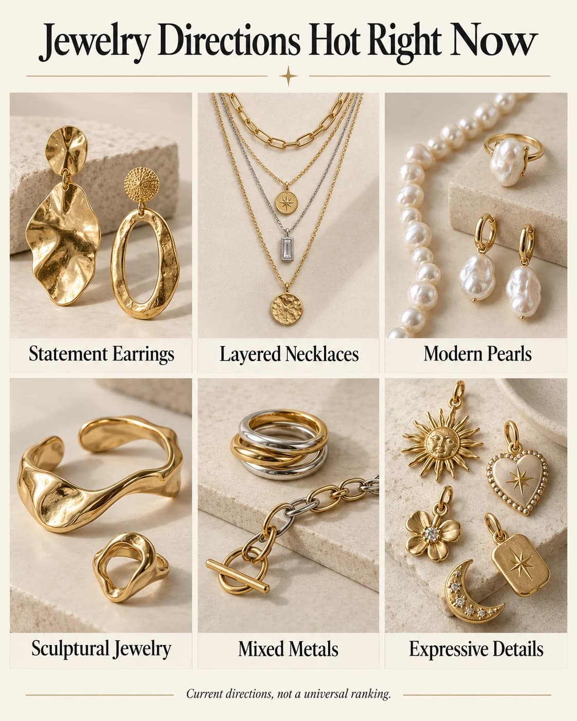 Six current jewelry directions: statement earrings, layered necklaces, modern pearls, sculptural jewelry, mixed metals and expressive details.