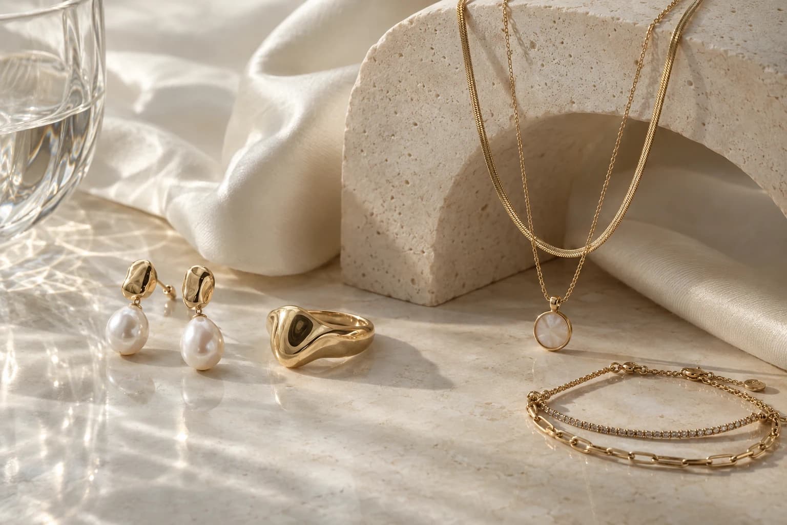 Modern pearl earrings, layered necklaces, a sculptural ring and bracelet stack in a spacious editorial composition.