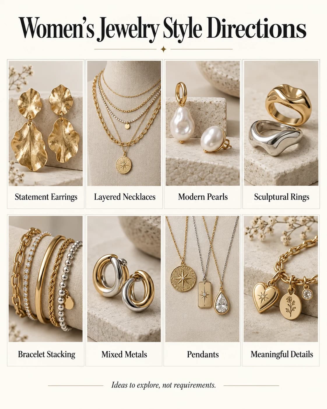 Eight women's jewelry style directions presented as ideas rather than requirements or rankings.