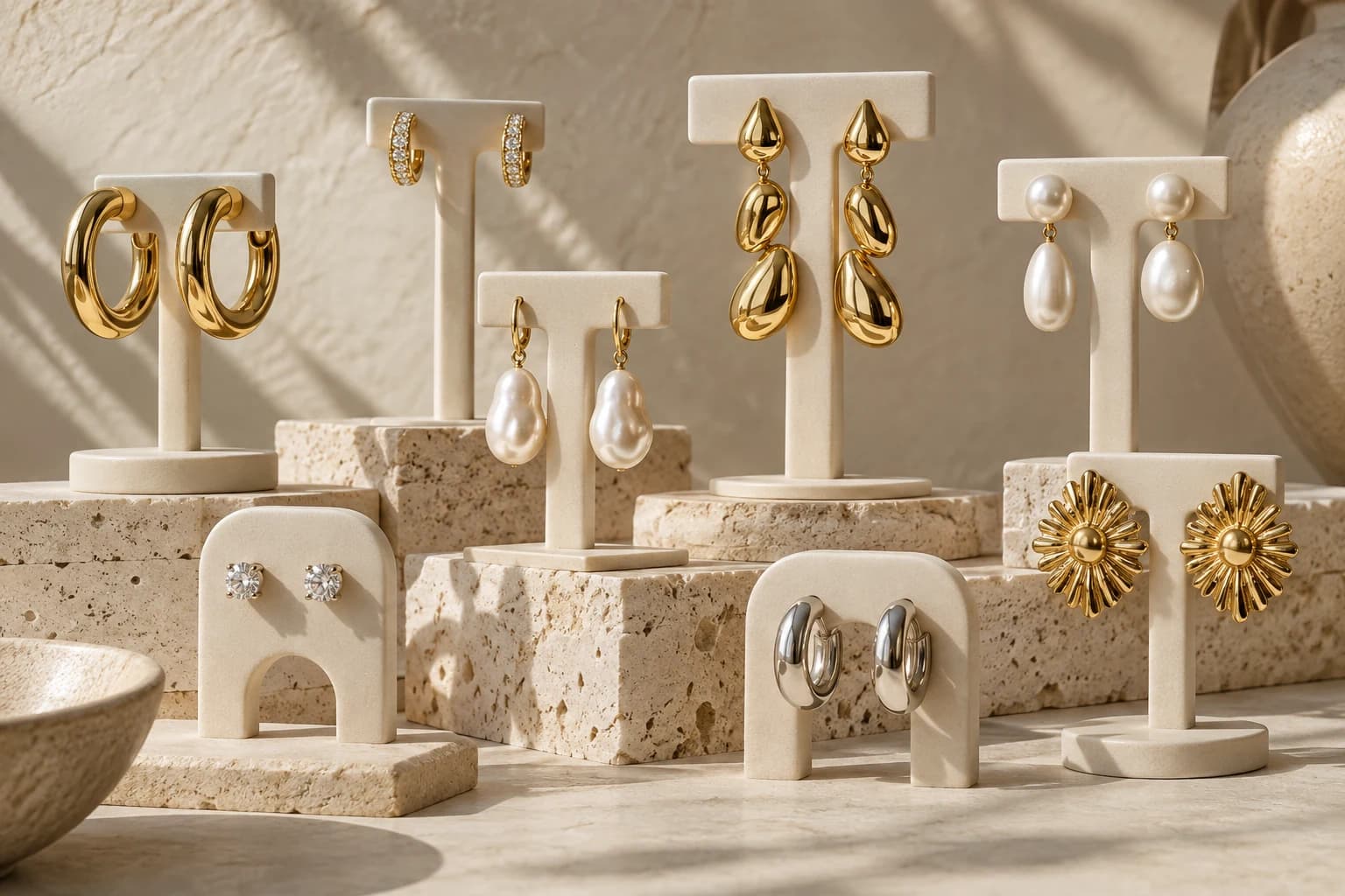 Multiple earring silhouettes displayed with equal prominence on cream stands and travertine blocks.