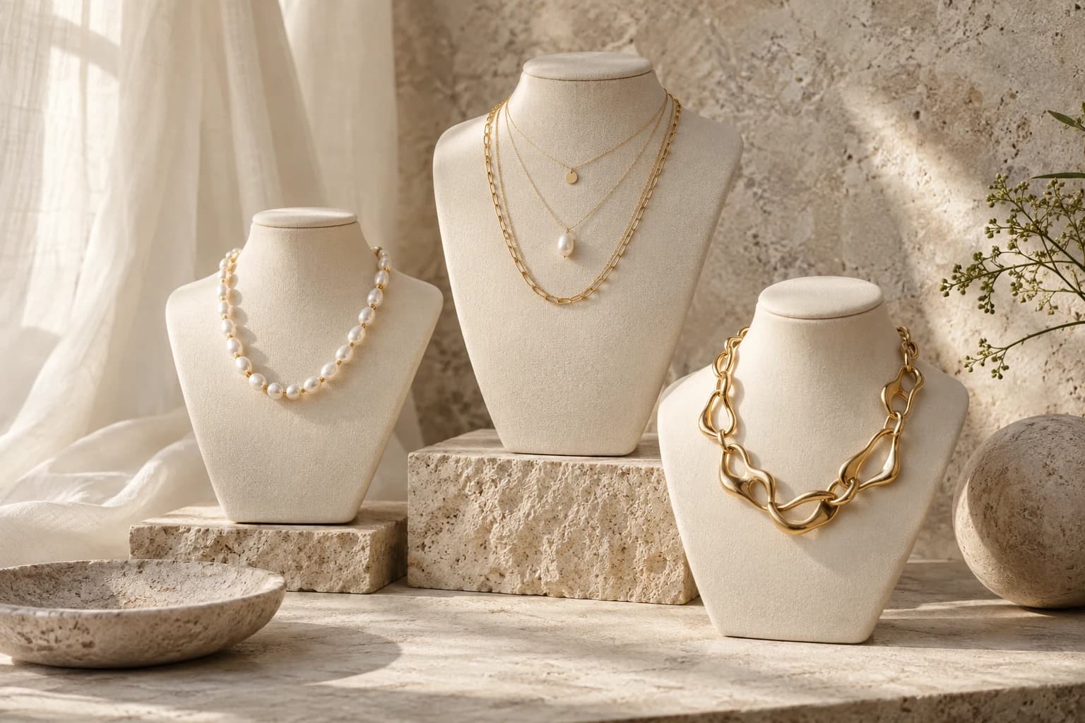 Modern pearls, refined layered chains and a sculptural statement necklace arranged at varied scales.