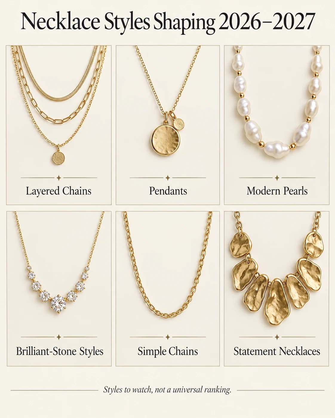 Six necklace styles shaping 2026 to 2027, presented as styles to watch without a universal ranking.