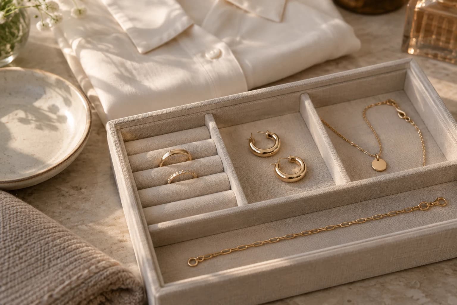 Everyday earrings, necklace, rings and bracelet stored neatly in a lined jewelry tray after wear.