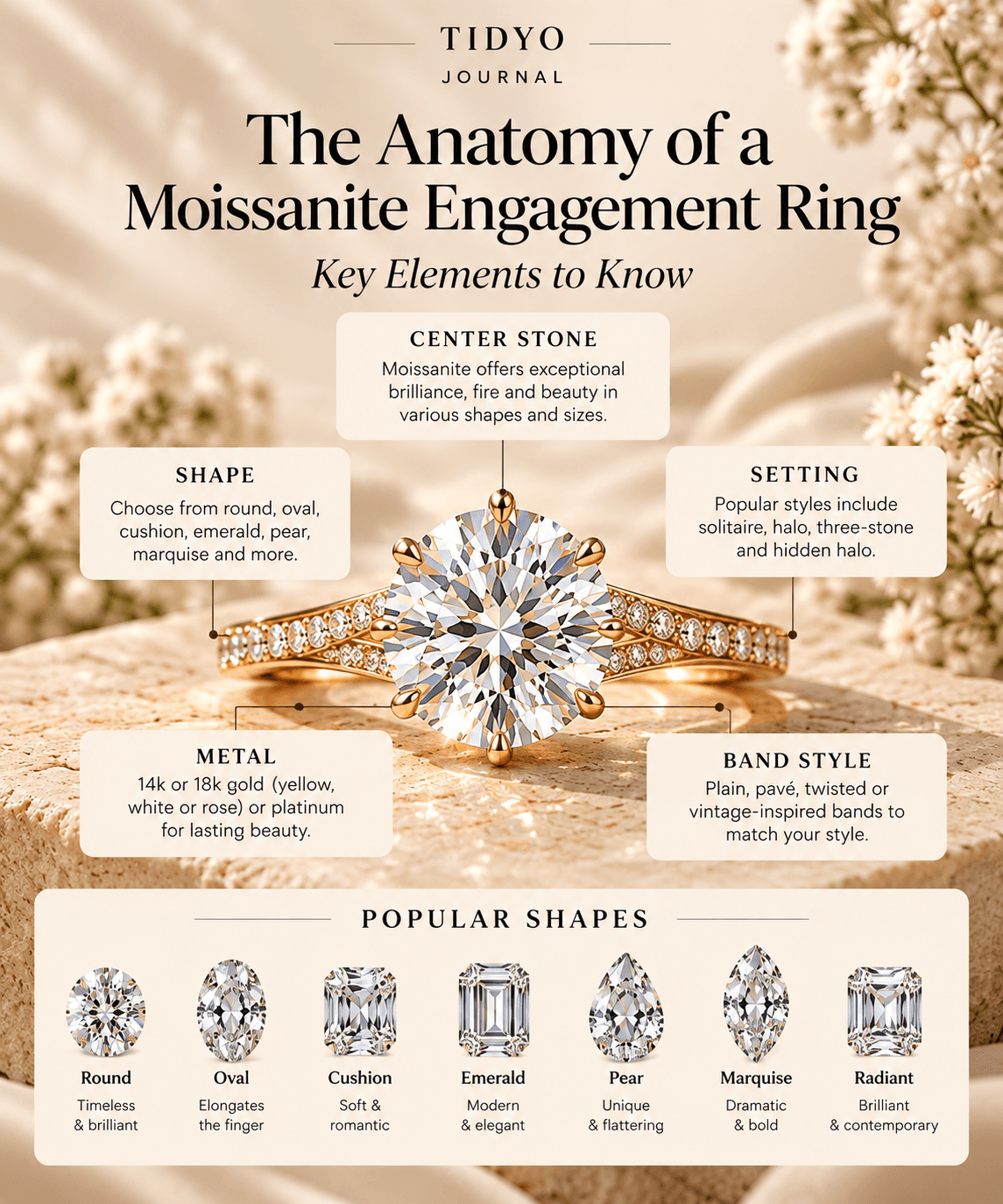 A visual guide to the anatomy of a moissanite engagement ring