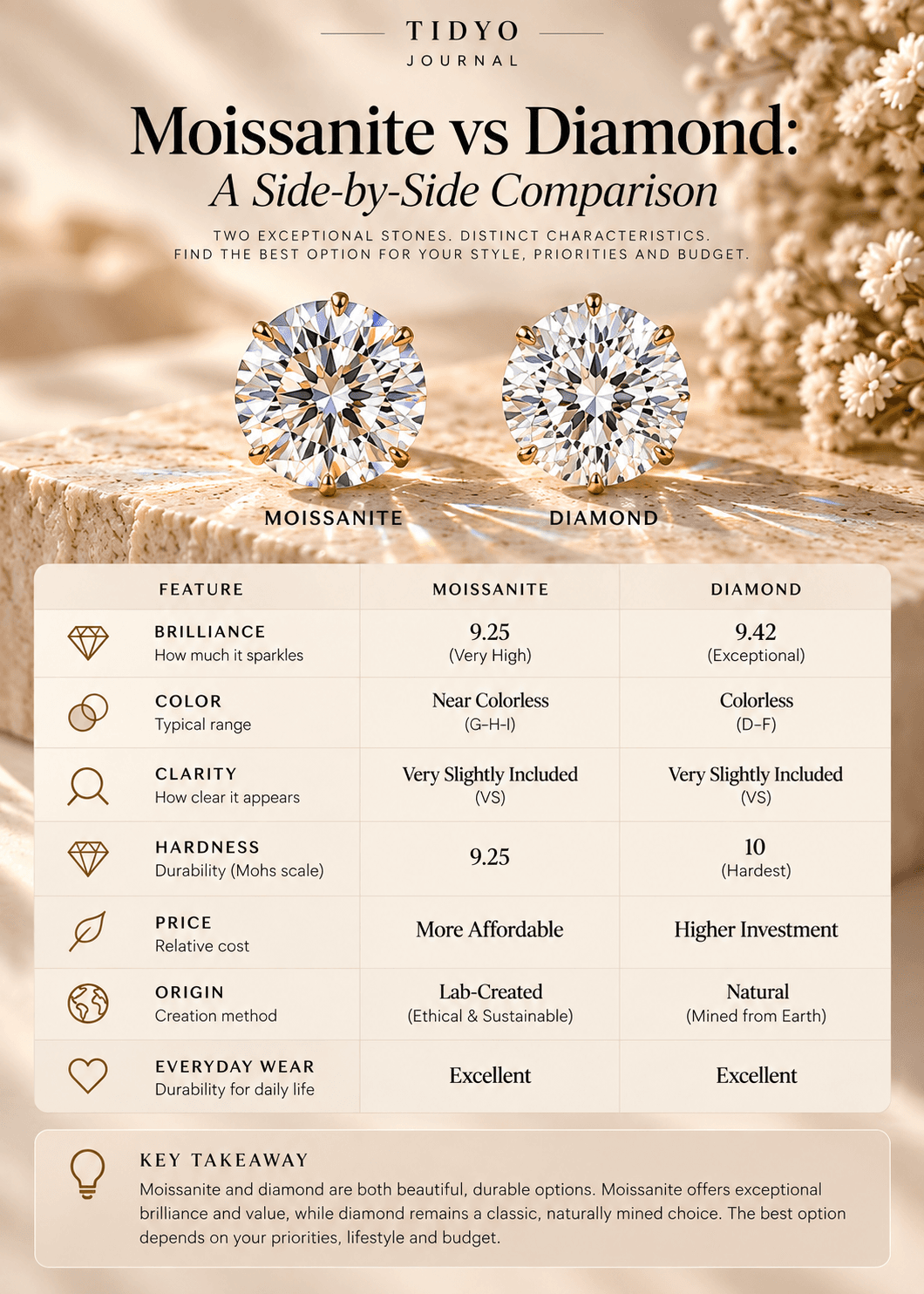 A visual comparison guide to the defining characteristics of moissanite and diamond
