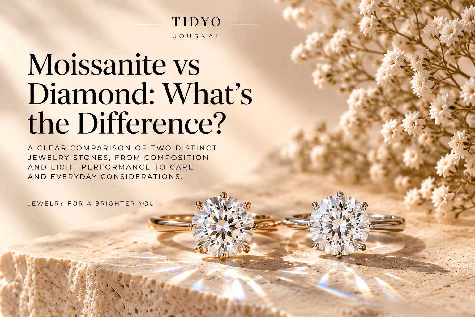 A brilliant moissanite ring arranged in a bright TIDYO editorial setting.
