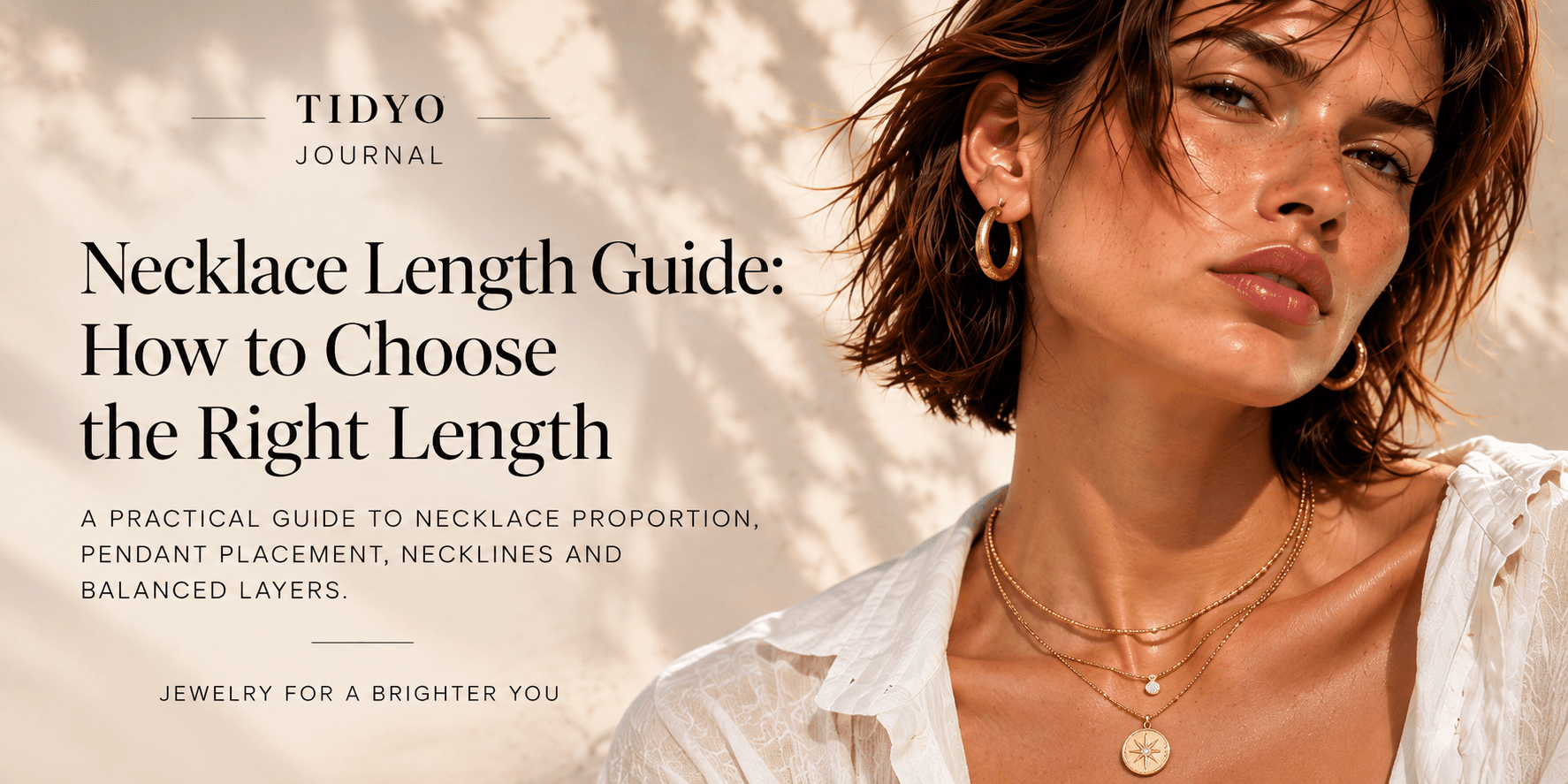 TIDYO Journal artwork for the necklace length guide with layered necklaces in a warm editorial portrait.