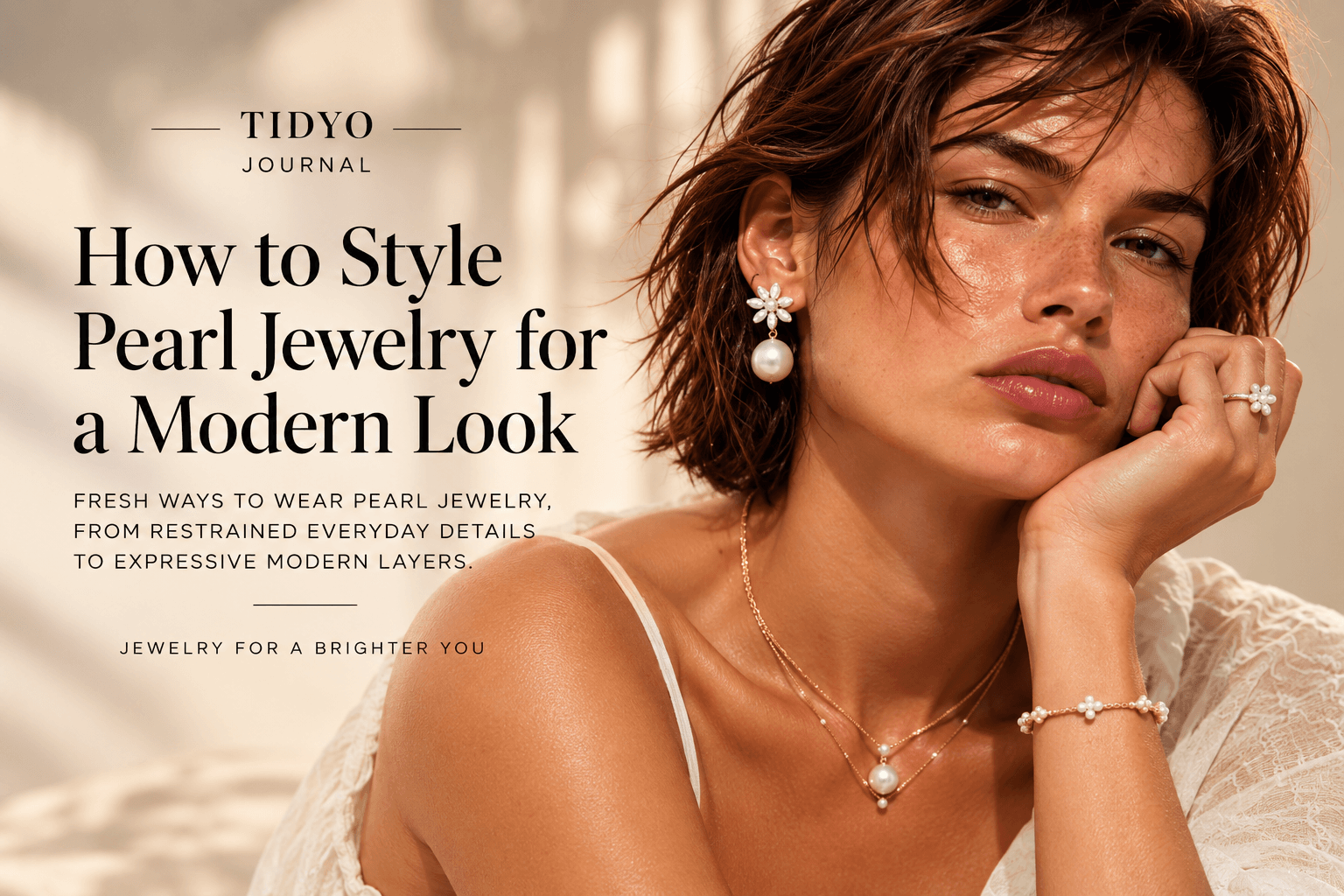 TIDYO Journal artwork for modern pearl styling with pearl earrings, necklaces, bracelet and ring.