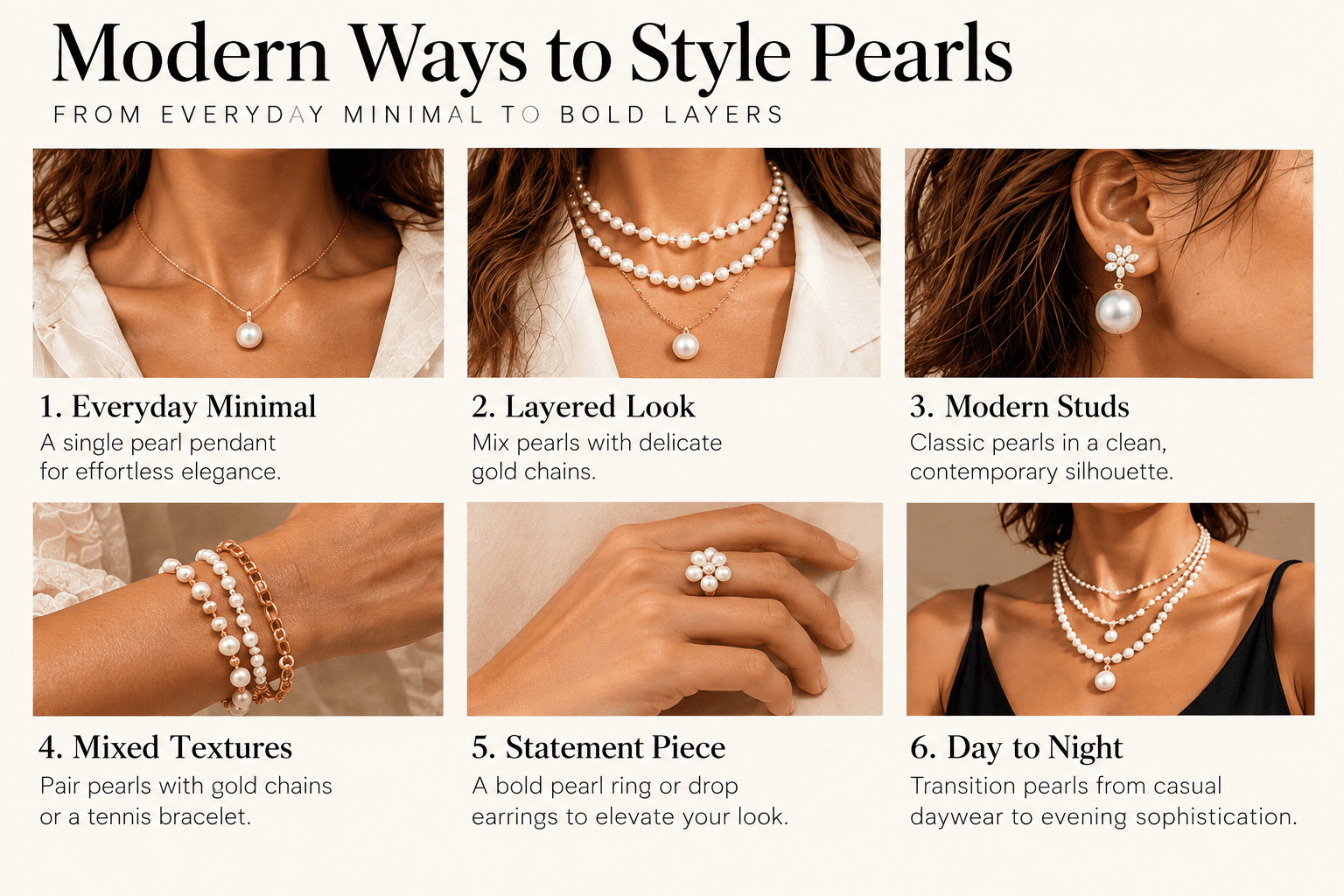 Modern pearl jewelry styling guide showing six ways to wear pearl necklaces, earrings, bracelets and rings