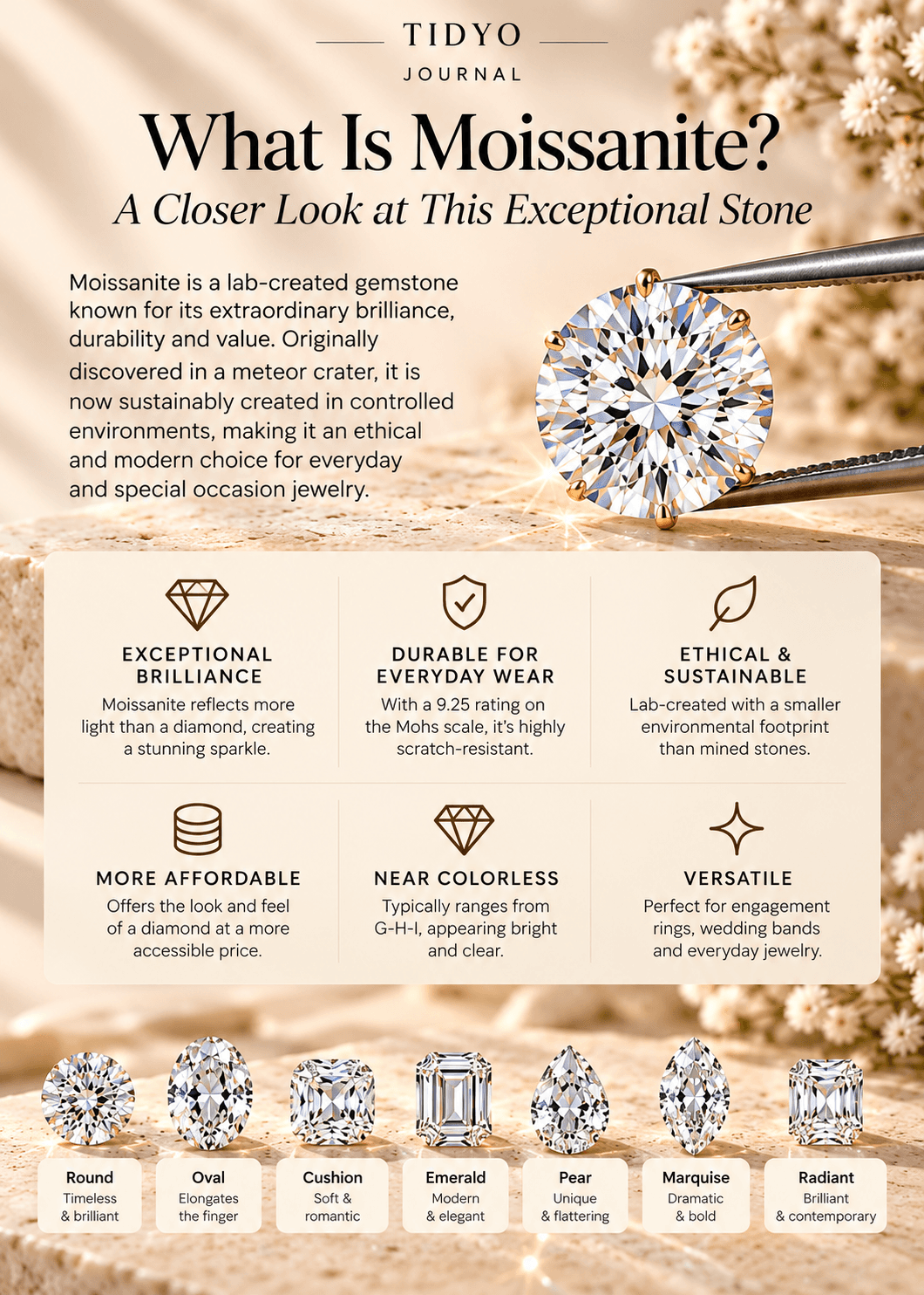A visual guide to moissanite, including its origin, brilliance and durability