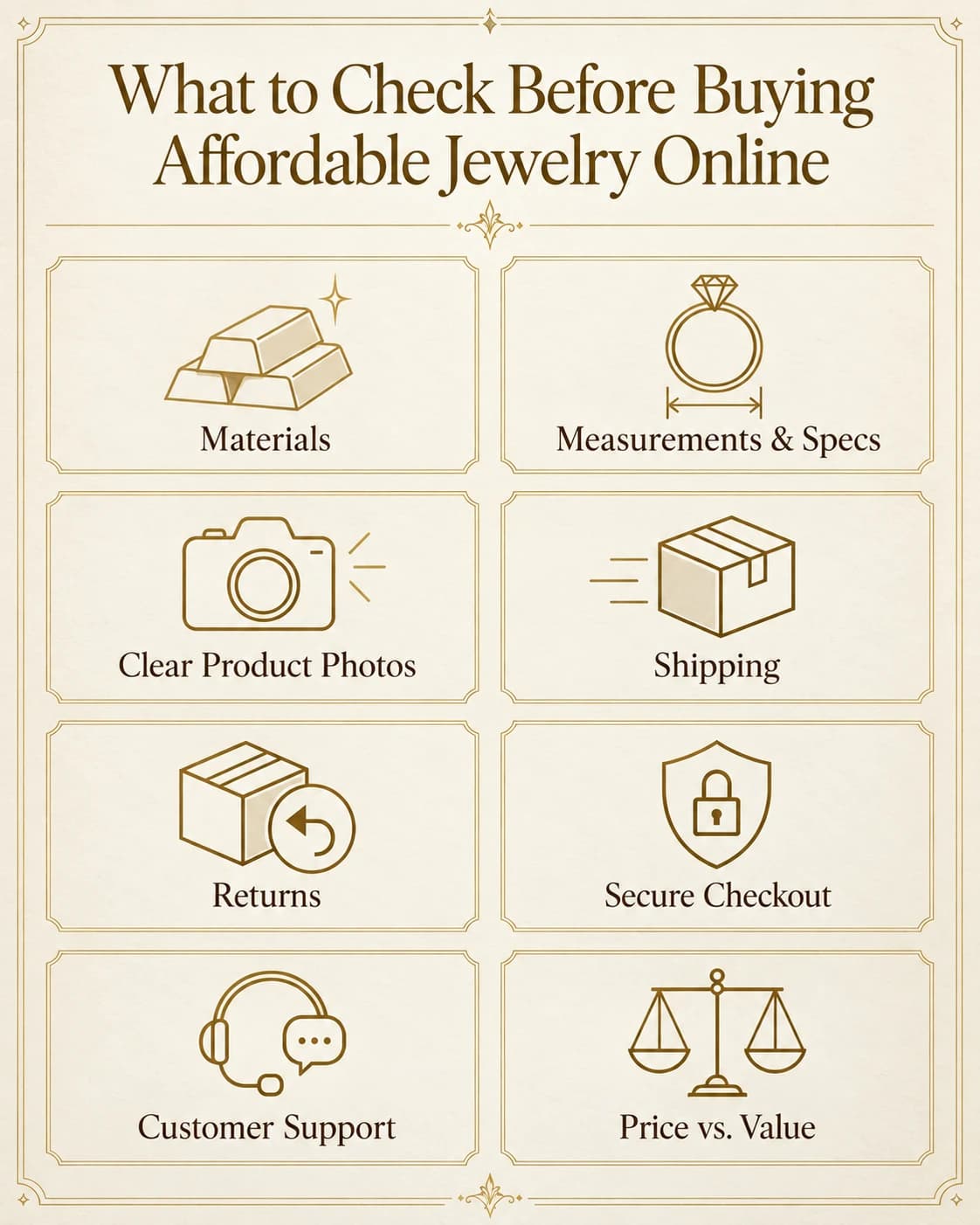Checklist for evaluating affordable jewelry websites, including materials, specifications, photos, shipping, returns, checkout, support and value.